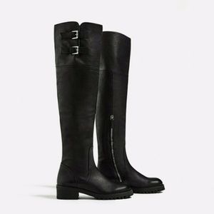 Zara Over the Knee Flat Leather boots black US 5 Euro 35